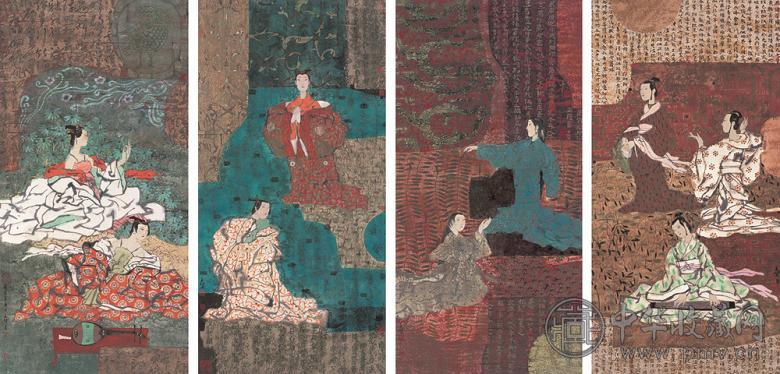 王赞 1991年作 真草篆隶仕女 四屏 设色纸本