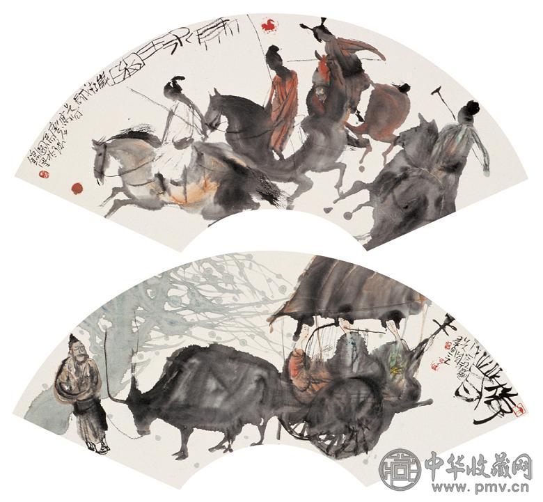 彭先诚 戊辰(1988年)作 马球图扇面(2幅) 镜心 设色纸本