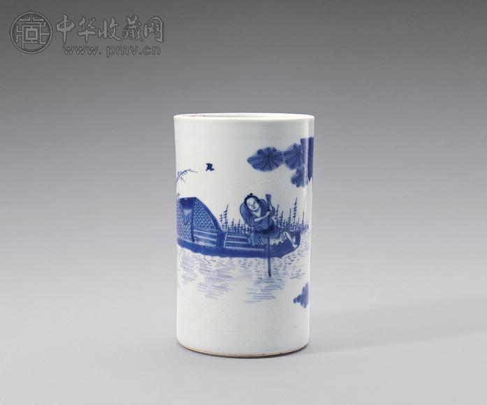 明崇祯 青花人物图笔筒