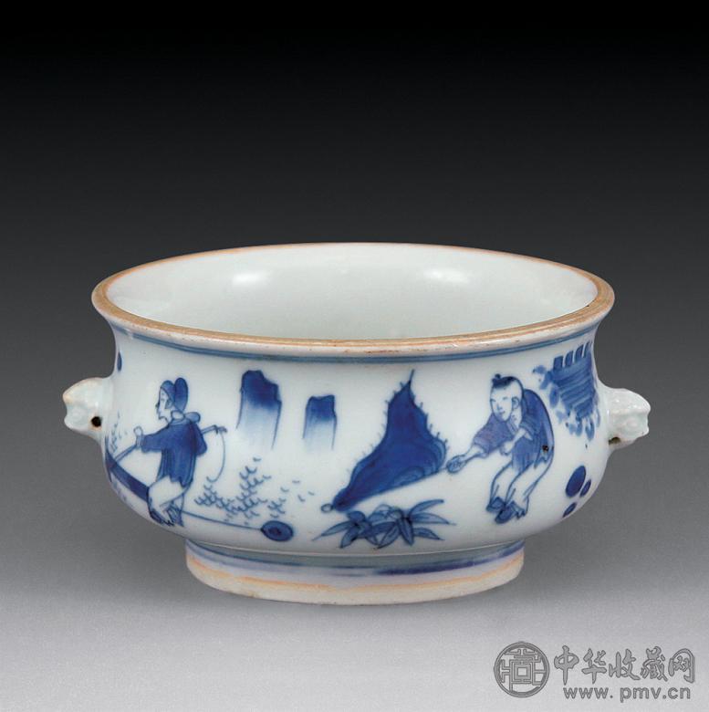 明崇祯 青花婴戏纹兽耳炉