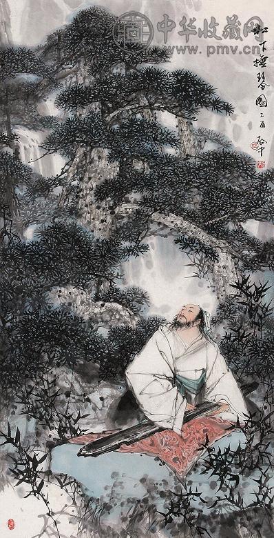 伍启中 2005年作 松下抚琴图 镜心 设色纸本