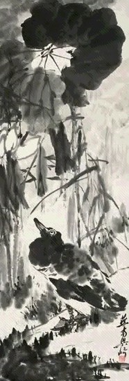 梁崎 荷塘芦鸭 立轴 水墨纸本