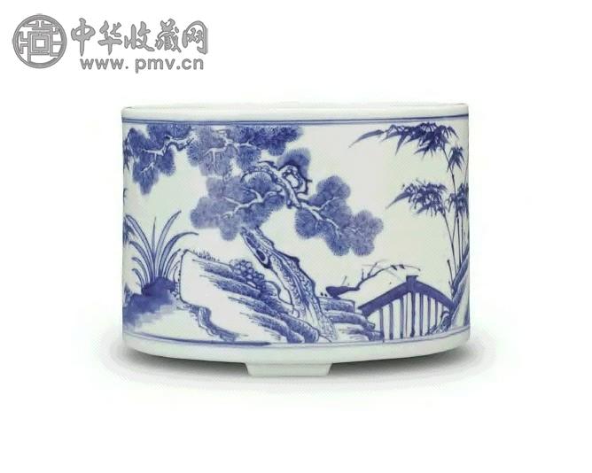 清 雍正 青花松竹梅纹三足笔筒