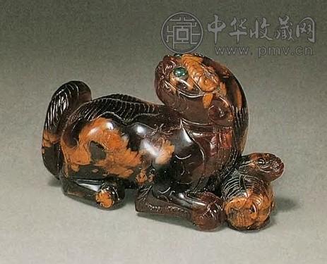 明 琥珀太狮少狮摆件