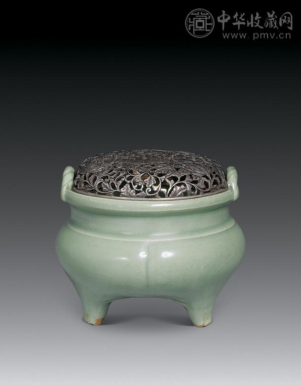 元 龙泉窑带盖绳纹耳鬲式炉