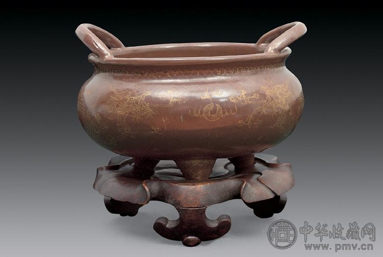 清光绪 紫金釉描金云龙纹双耳炉