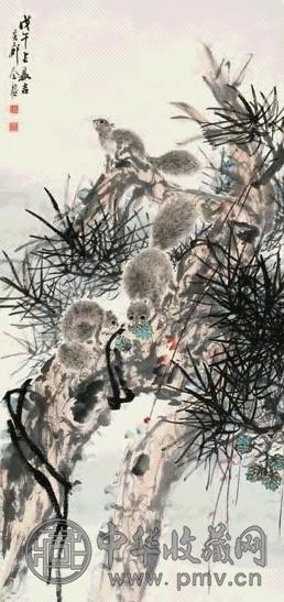 金榕 1918年作 松间饱食图 立轴 设色纸本