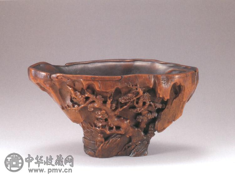 清早期 犀角雕松下高士杯