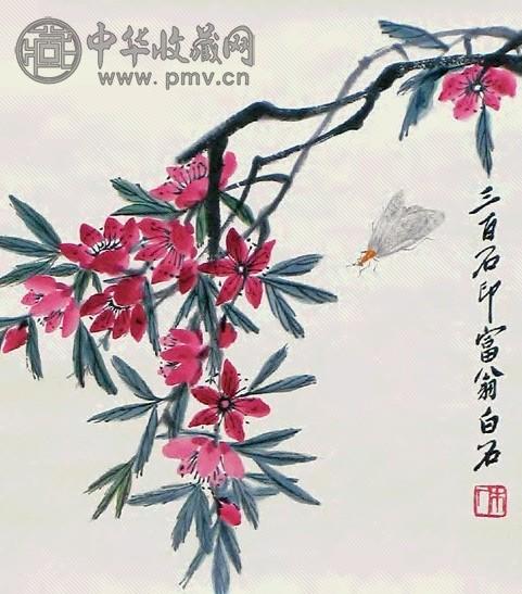 齐白石 桃花草虫 立轴 设色纸本