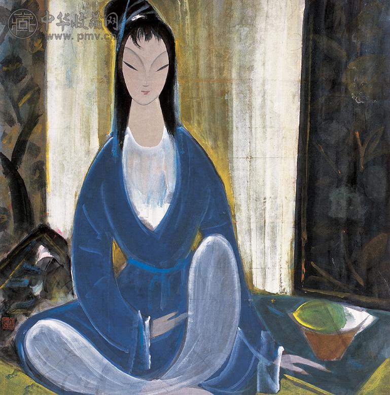 林风眠 蓝衣仕女 镜心 设色纸本