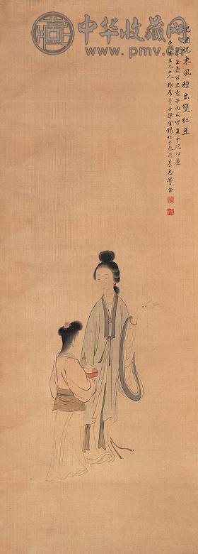 陈金锡 丙戌(1886年)作 把酒祝东风种出双红豆 立轴 设色绢本