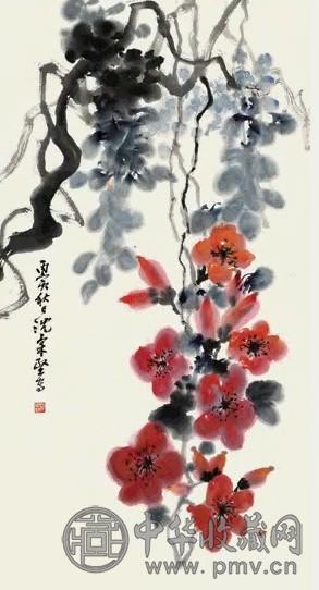 沈柔坚 丙寅(1986年)作 花卉 立轴 设色纸本