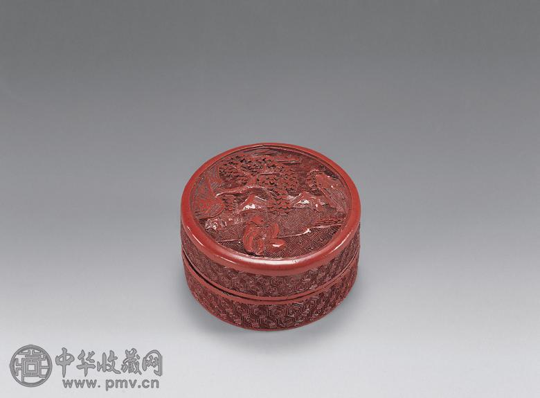 清中期 锡胎雕漆高士图印盒