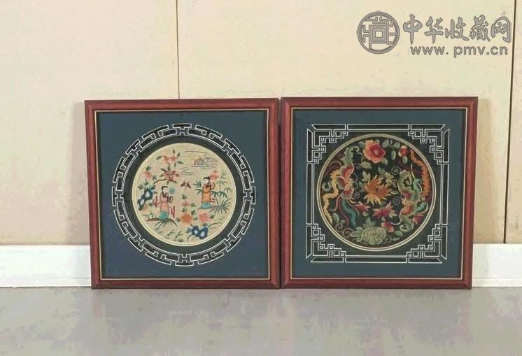 清 绣片人物花卉(1对)