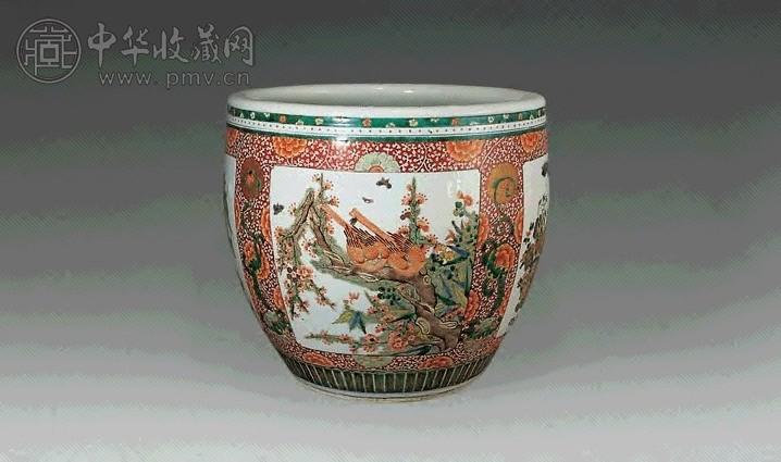 清道光 五彩加金开光山水花卉大缸