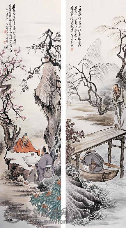 李铣 人物故事 四屏(4屏选2) 设色纸本