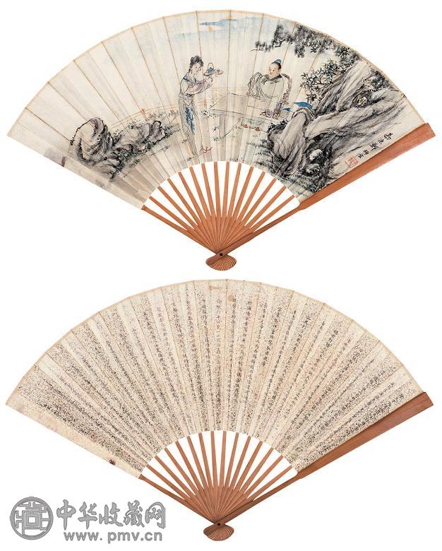 郑慕康 马起 民国二十一年(1932年)作 人物画举案齐眉 楷书读元中记 成扇 纸本洒金笺
