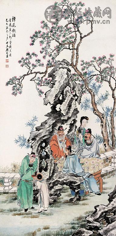 顾昭 己巳年作 插花饮酒图 立轴 纸本