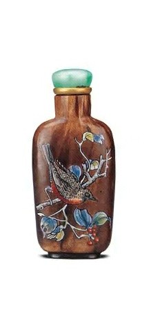 民国 莹石料彩花鸟纹烟壶