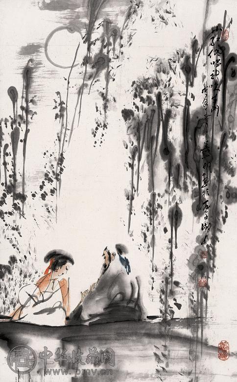吴山明 戊辰(1988年)作 月下低吟 立轴 纸本