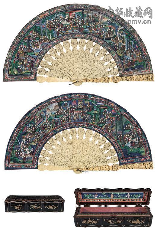 象牙镶贴人物画人物故事图 扇面 织品