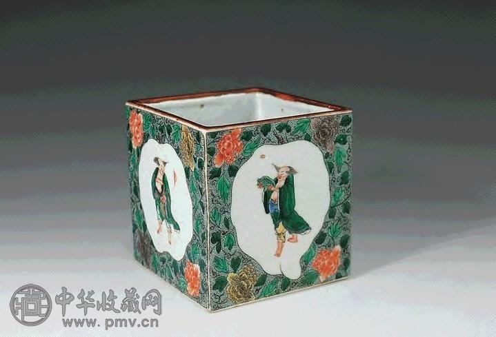 民国 五彩刘海方笔筒