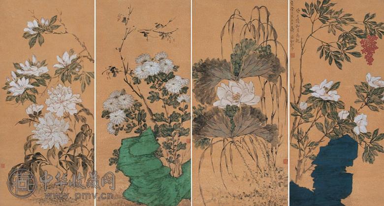 江介 1833年作 花卉 四屏 设色笺本