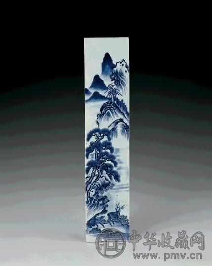 清中期 青花山水双鹿纹瓷板