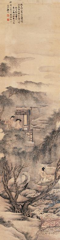 梁筠 凭窗倚栏图 立轴 设色绢本