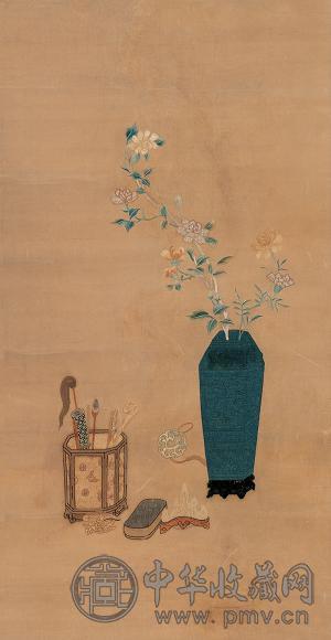 清中期 苏绣文房清供图