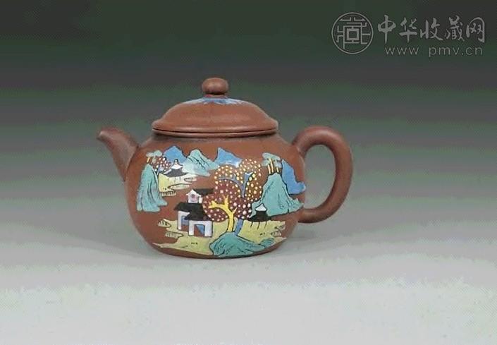 清 紫砂加彩山水壶
