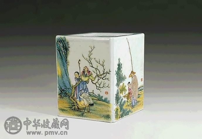 民国 汪晓棠绘粉彩人物故事菱形笔筒