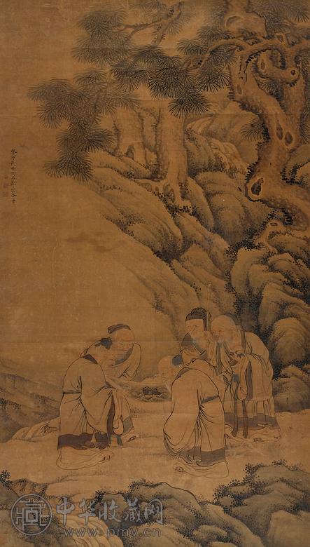 陶品 郑岱 秋山赏画 立轴 设色绢本