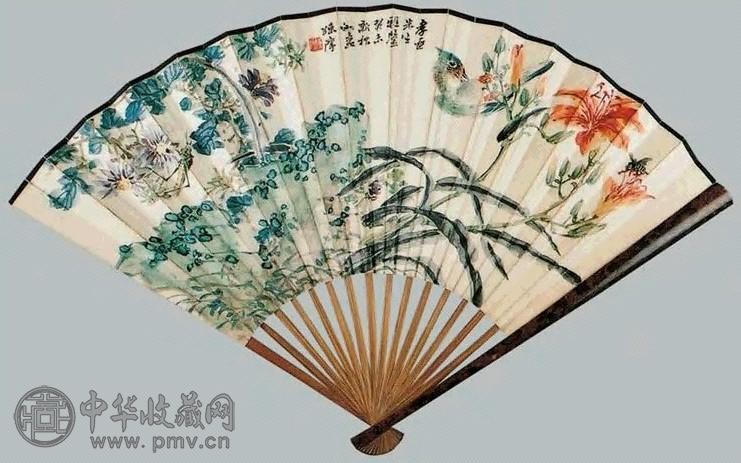 陈摩 花鸟、书法 扇面 纸本