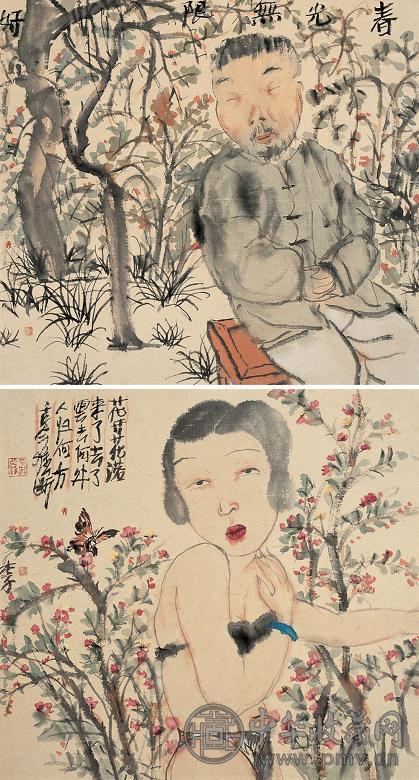 李津 人物画人物(2帧) 镜心 纸本