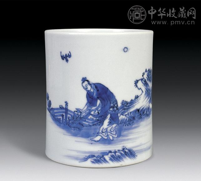 清雍正 青花人物故事笔筒