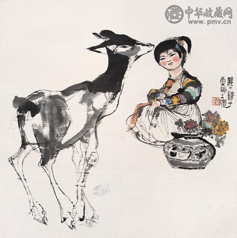 程十发 人物画少女与鹿 立轴 纸本