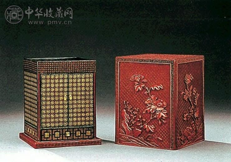 清乾隆 填彩漆锦纹箱连剔红花石纹盖