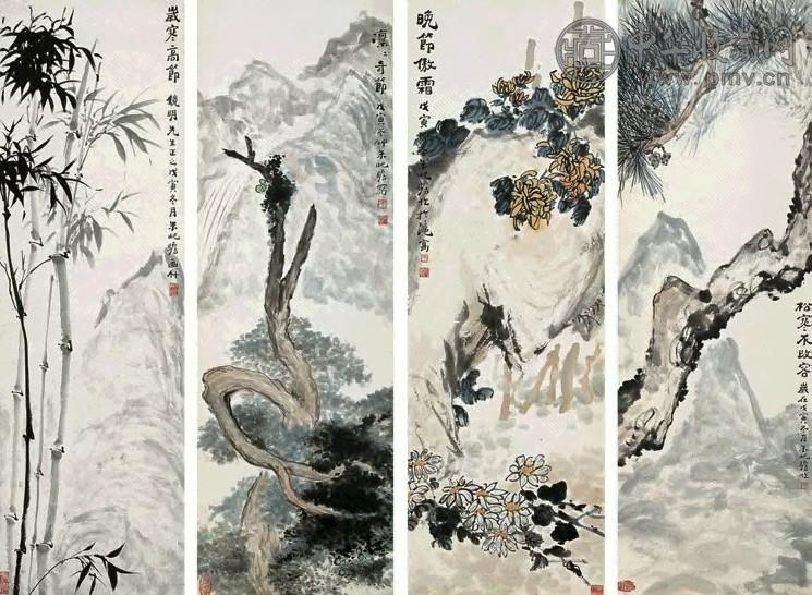 朱屺瞻 松柏竹菊四屏设色纸本