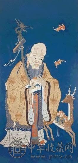 清中期 蓝地彩绣寿星图