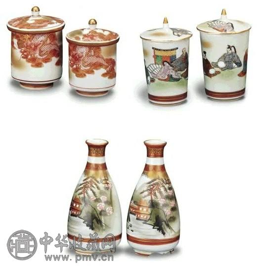 日本江户～昭和时期 粉彩人物夫妻茶杯、酒具(1组)
