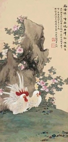 吴湖帆 1944年作 湖石双鸡图 立轴 设色纸本