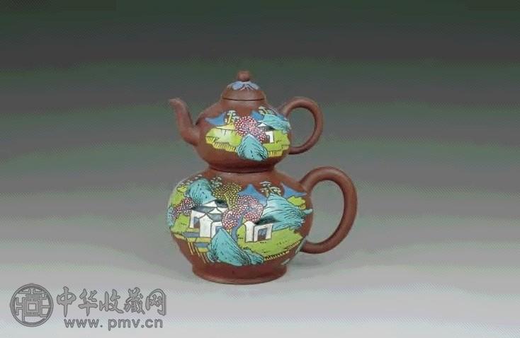 清 紫砂加彩山水壶