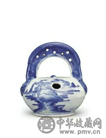 清 雍正 青花山水人物纹提梁水盂