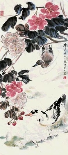 江寒汀 庚寅重九作 芙蓉花鸭图 立轴 设色