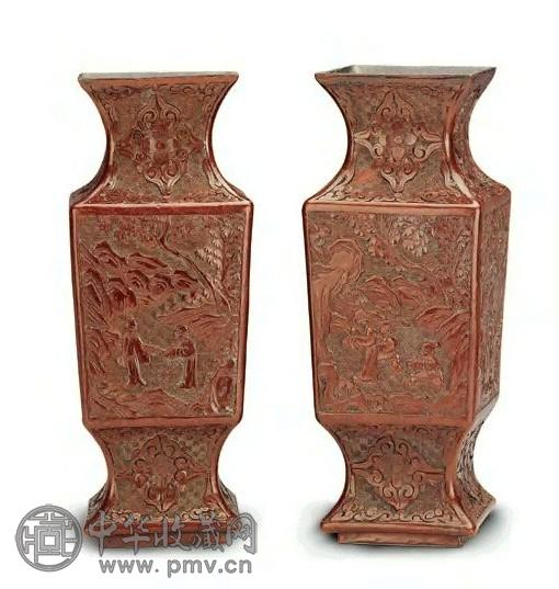 清 雕漆人物方瓶(1对)