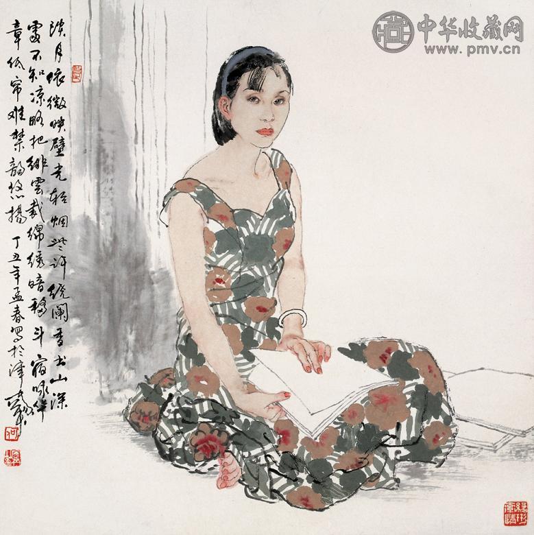 何家英 丁丑(1997年)孟春 人物画月夜读书图 镜心 纸本