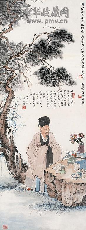 钱松嵒 丁亥(1947年)作 人物画治经图 立轴 纸本