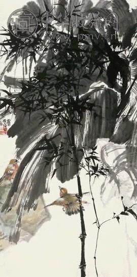 程十发 竹间双雀图 立轴 设色纸本