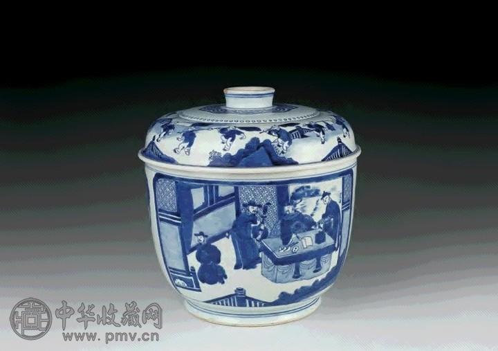 清康熙 青花山水人物盖缸